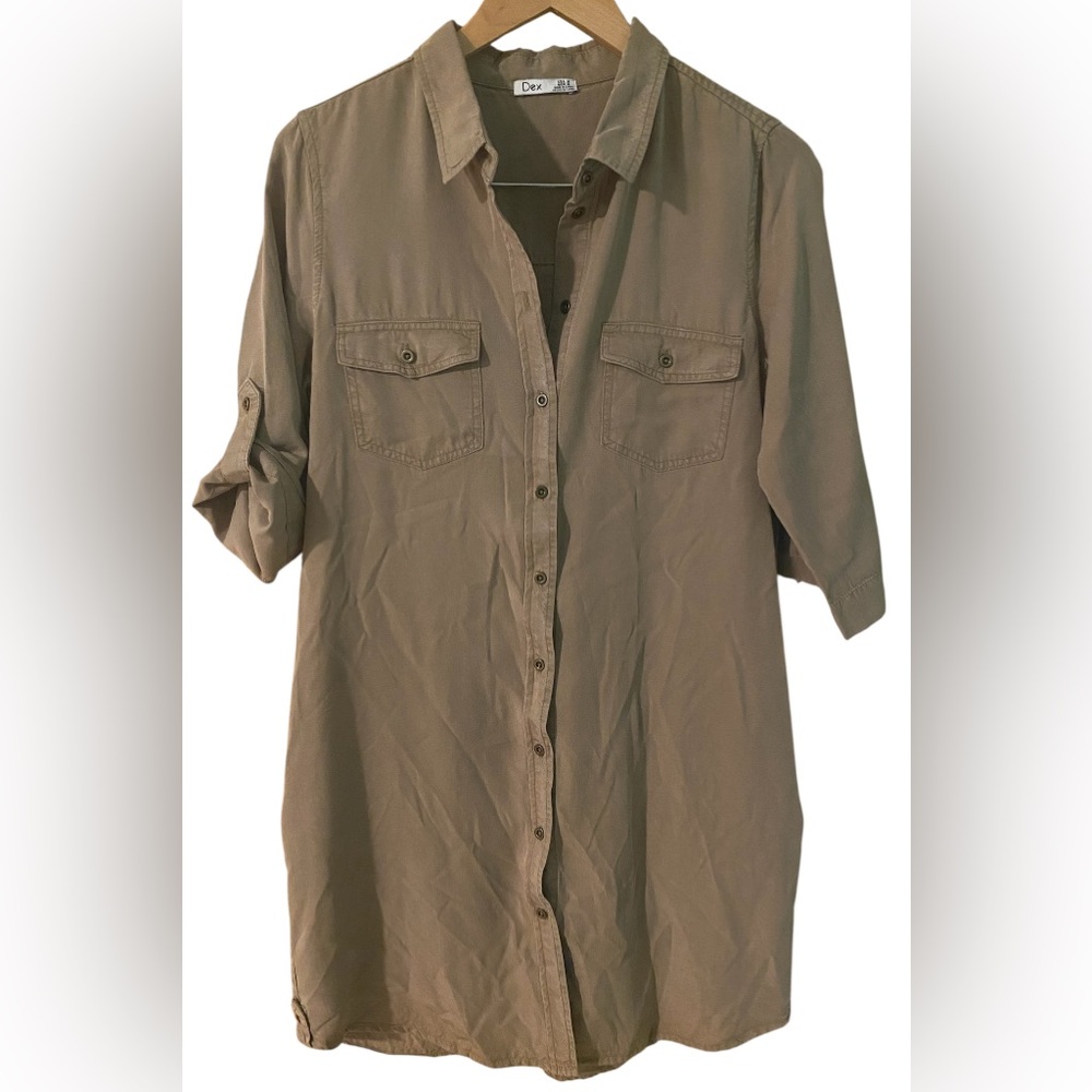 Dex Shirt top Tunic Button Up 1/2 Sleeve Women Size Medium Taupe